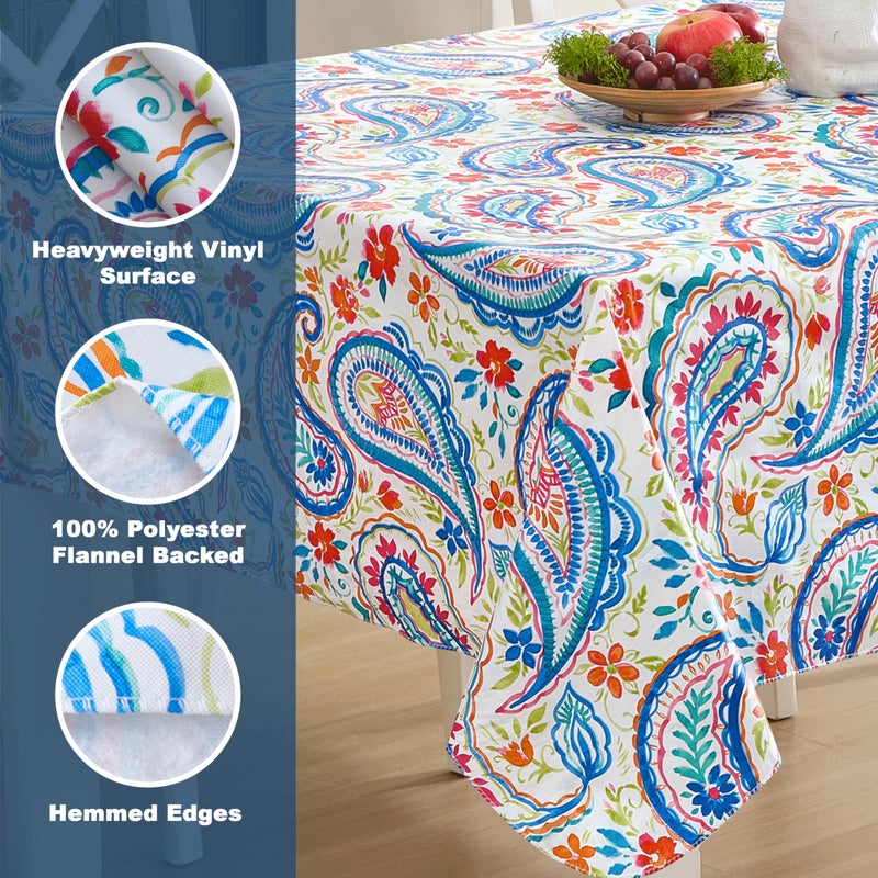 Newbridge Spring and Easter Boho Chic Paisley Vinyl Tablecloth with Flannel Backing, 52 x 52 Inch Square, Blue Red and Pink Floral Print, Wipe Clean Table Cover for Dining and Entertaining - Image 4